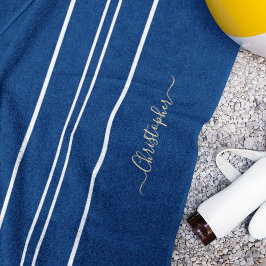 Gold Monogram Navy White Racing Stripes Pool Strandtuch