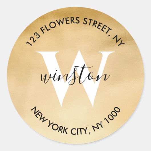 Gold Monogram Rücksendeadresse Moderner Glitzer Runder Aufkleber (Vorderseite)