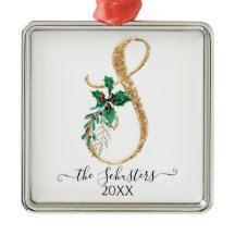 Gold Monogram S Glitzer Christmas Holly Foliage