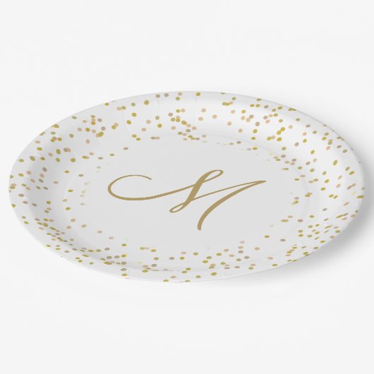 Gold Monogram Script Gold Dust Confetti Pappteller (Schrägansicht)