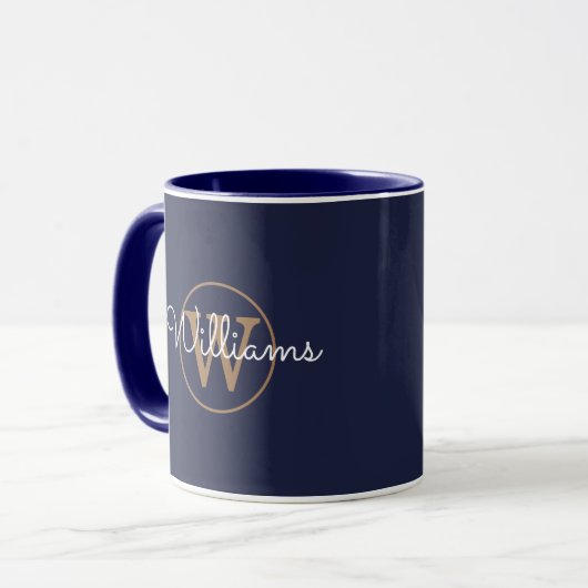 Gold Monogram Script Name Navy Blue Tasse (Vorderseite Links)