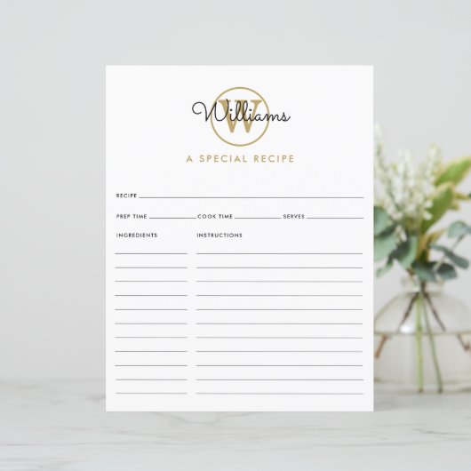 Gold Monogram Script Name Rezept Card (Stehend Vorderseite)