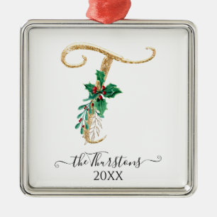 Gold Monogram T Glitzer Weihnachtsblatt Ornament Aus Metall