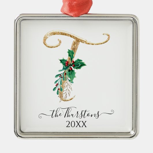 Gold Monogram T Glitzer Weihnachtsblatt Ornament Aus Metall (Vorne)