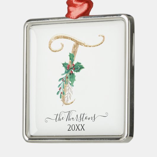 Gold Monogram T Glitzer Weihnachtsblatt Ornament Aus Metall (Links)