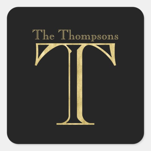 Gold Monogram T und Name auf einer beliebigen Farb Quadratischer Aufkleber (Vorderseite)