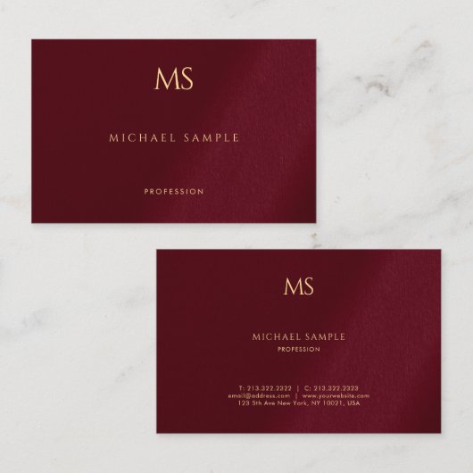 Gold Monogram Text Bordeaux Template Elegant Visitenkarte (Vorne/Hinten)