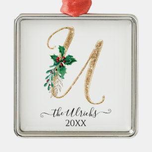 Gold Monogram U Glitzer Christmas Holly Foliage Ornament Aus Metall