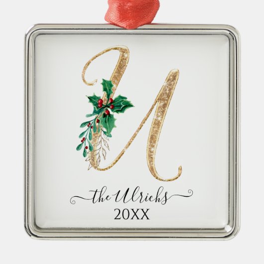 Gold Monogram U Glitzer Christmas Holly Foliage Ornament Aus Metall (Vorne)