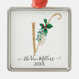 Gold Monogram V Glitzer Christmas Holly Foliage Ornament Aus Metall