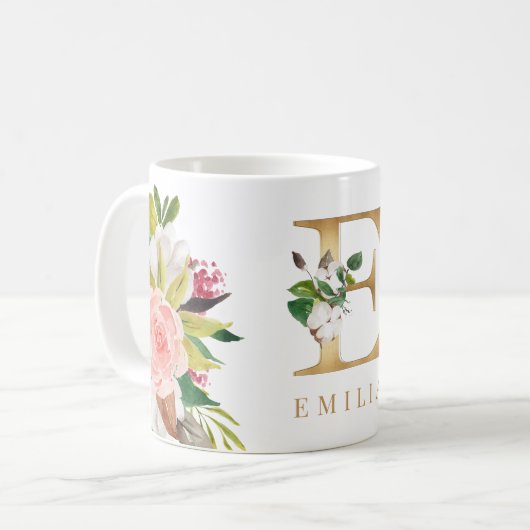Gold Monogram Watercolor Floral Botanic Kaffeetasse (Vorderseite Links)
