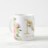 Gold Monogram Watercolor Floral Botanic Kaffeetasse (Vorderseite Links)