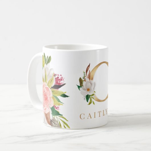 Gold Monogram Watercolor Floral Botanic Kaffeetasse (Vorderseite Links)