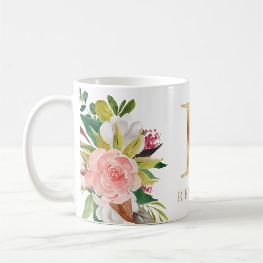 Gold Monogram Watercolor Floral Botanic Kaffeetasse (Links)