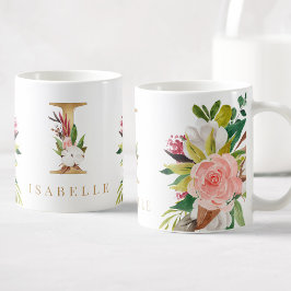 Gold Monogram Watercolor Floral Botanic Kaffeetasse