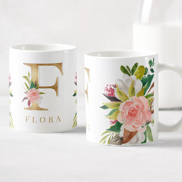 Gold Monogram Watercolor Floral Botanic Kaffeetasse