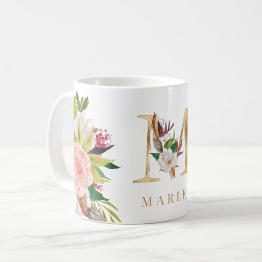 Gold Monogram Watercolor Floral Botanic Kaffeetasse (Vorderseite Links)