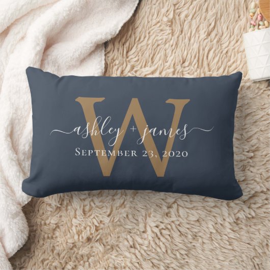 Gold Monogram Wedding Date Dunkelblau Lendenkissen (Decke)