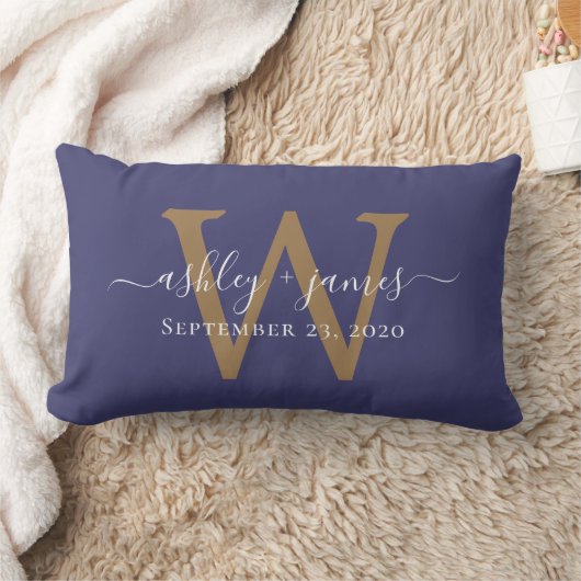 Gold Monogram Wedding Date Navy Blue Lendenkissen (Decke)