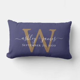 Gold Monogram Wedding Date Navy Blue Lendenkissen