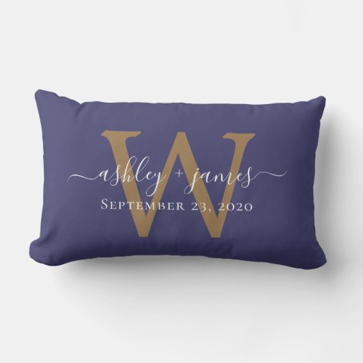 Gold Monogram Wedding Date Navy Blue Lendenkissen (Vorderseite)