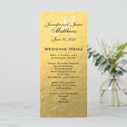 Gold Monogram Wedding Menu Card Menükarte (Stehend Vorderseite)