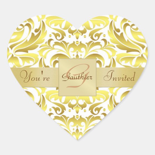Gold Monogram White Damask Heftaufkleber Herz-Aufkleber (Vorderseite)