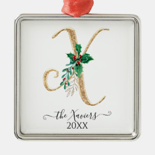 Gold Monogram X Glitzer Weihnachtsblatt Ornament Aus Metall