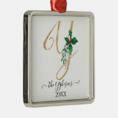 Gold Monogram Y Glitzer Christmas Holly Foliage Ornament Aus Metall (Rechts)