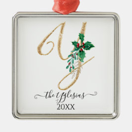 Gold Monogram Y Glitzer Christmas Holly Foliage Ornament Aus Metall