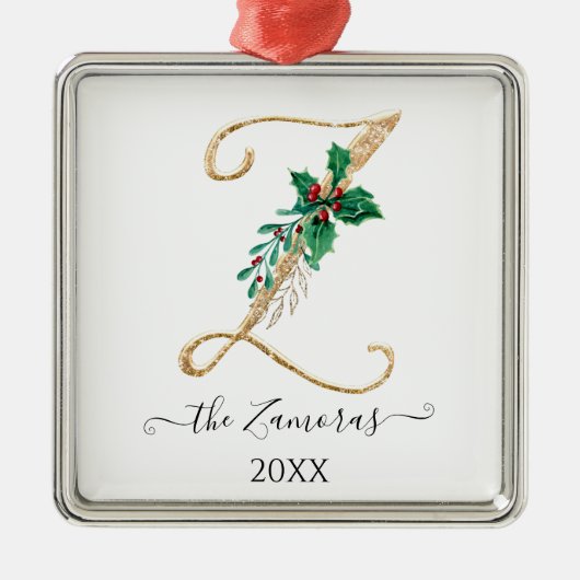Gold Monogram Z Glitzer Christmas Holly Foliage Ornament Aus Metall (Vorne)
