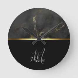 Gold-Monogramm aus schwarzem Marmor Runde Wanduhr