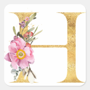 Gold MONOGRAMM Buchstabe H mit Blumen Quadratischer Aufkleber
