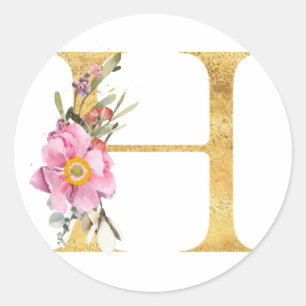 Gold-Monogramm Buchstabe H mit Blumen Runder Aufkleber