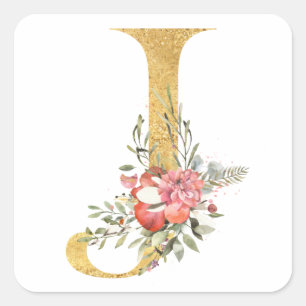 Gold-Monogramm Buchstabe J mit Blumen Quadratischer Aufkleber