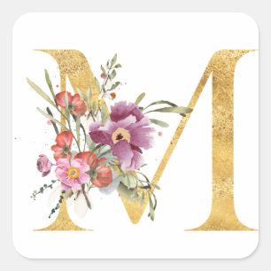 Gold-Monogramm Buchstabe M mit Blume Quadratischer Aufkleber