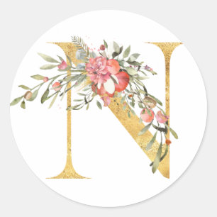 Gold-Monogramm Buchstabe N mit Blume Runder Aufkleber