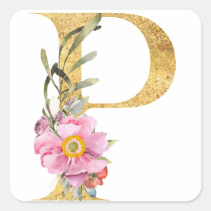 Gold-Monogramm Buchstabe P mit Blume Quadratischer Aufkleber