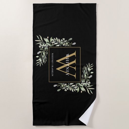 Gold Monogramm Elegant Moderne Grüne Schwarz Strandtuch (Vorderseite)
