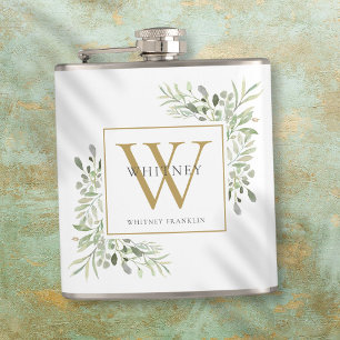 Gold Monogramm Elegante Moderne Grünpflanzen Flachmann