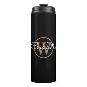 Gold Monogramm Elegantes Skript Schwarz  Thermosbecher