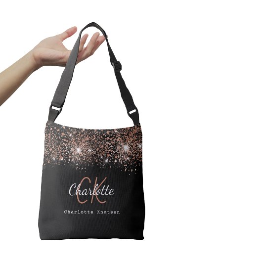 Gold-Monogramm-Schrift für Schwarze Rose Tragetaschen Mit Langen Trägern