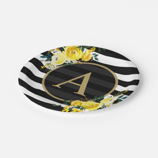 GOLD-Monogramm, Schwarz-weiß gestrichen Pappteller (Schrägansicht)