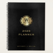 Gold-Monogramm Schwarzes Leder-Look Planer (Vorderseite)