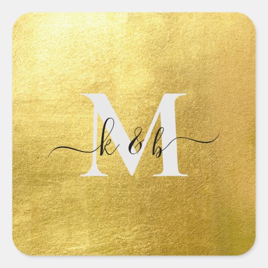 Gold Monogramm Schwung Schrift Quadrat Hochzeit Quadratischer Aufkleber (Vorderseite)