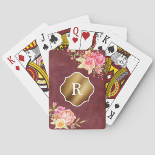 Gold-Monogramm und Florales auf Vintage-roter Text Spielkarten