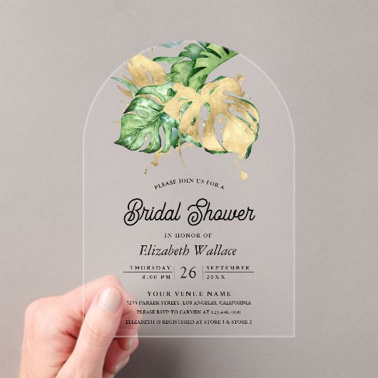Gold Monstera Tropical Palm Bridal Shower Acryleinladungen (Insitu (Handheld))