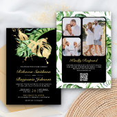 Gold Monstera Tropical Palm QR Code Black Wedding Einladung