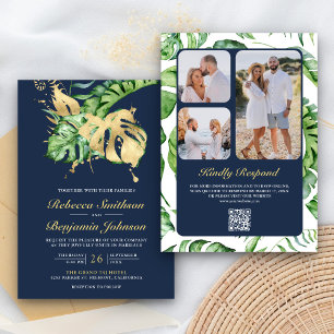 Gold Monstera Tropical Palm QR Code Hochzeit der M Einladung