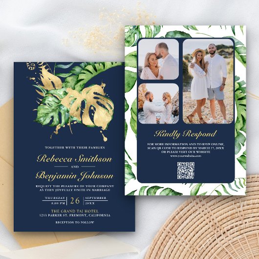 Gold Monstera Tropical Palm QR Code Hochzeit der M Einladung